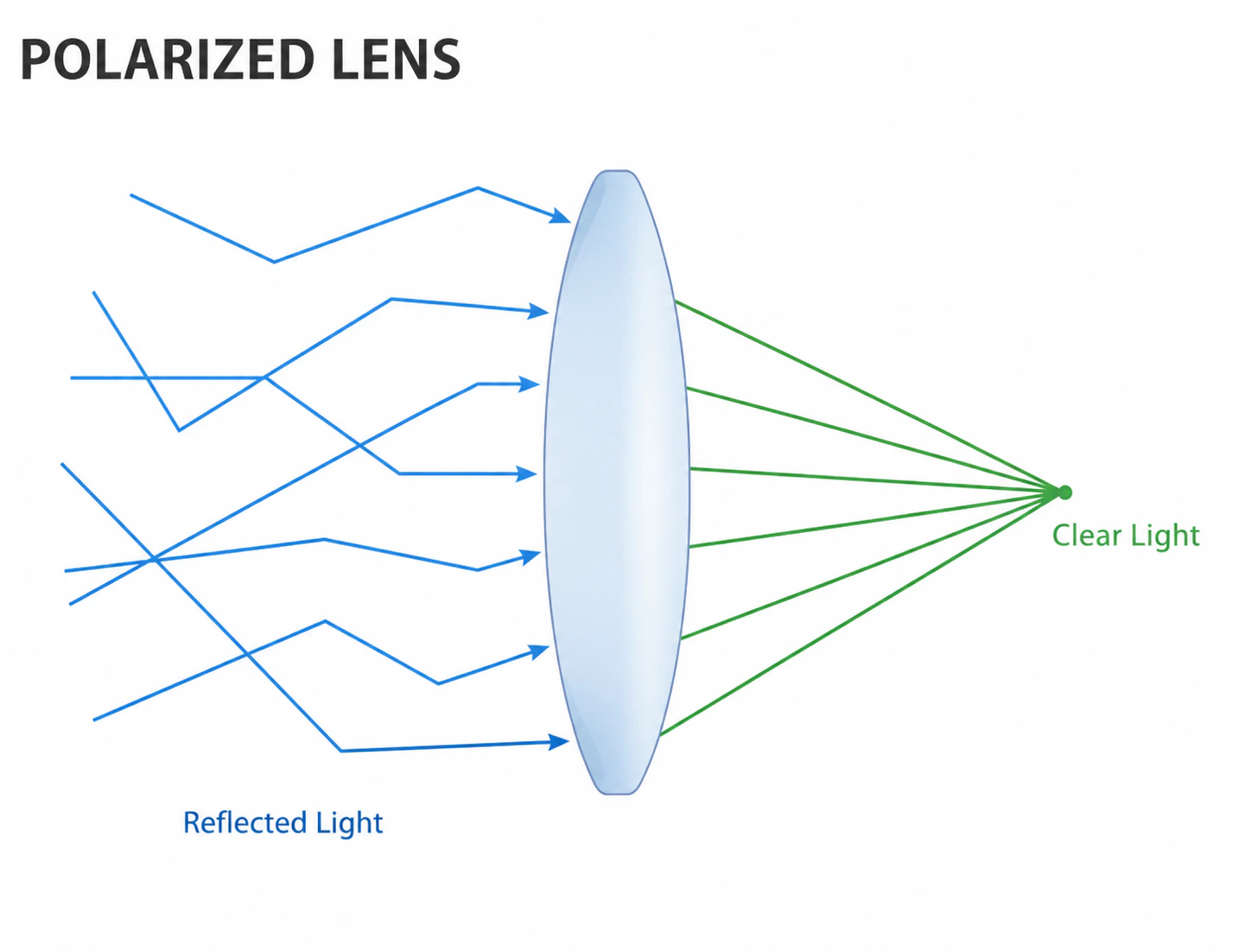 Polarized lens illustration comparing reflected light and clear light