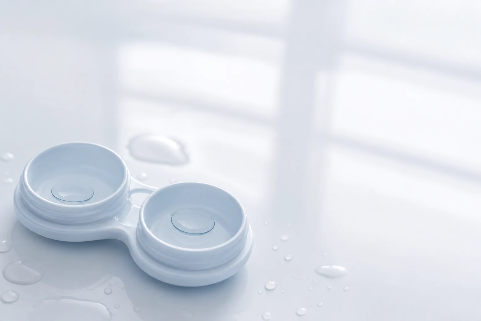 Selective focus of contact lenses and container on watery background frames