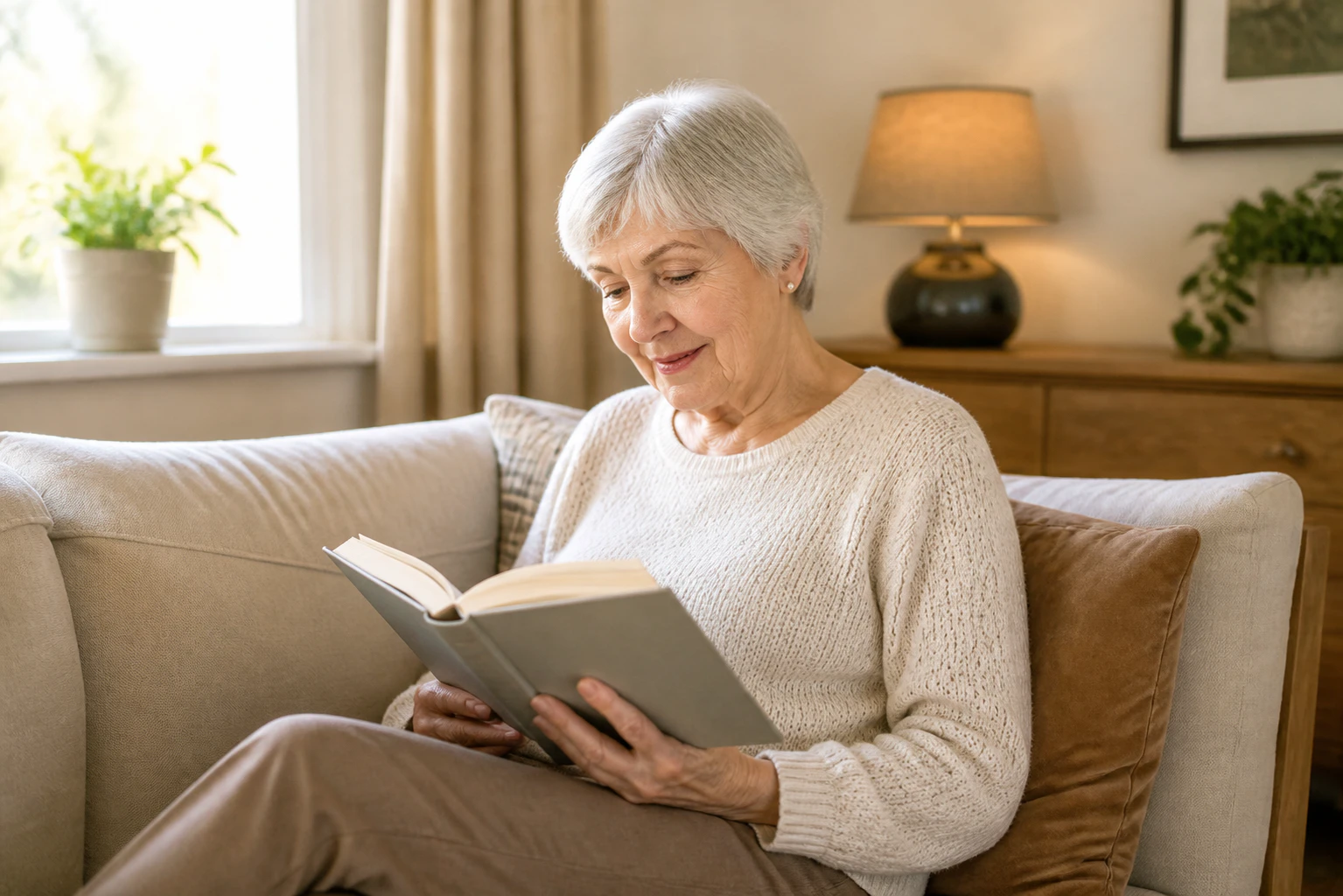 Senior woman reading book while resting on sofa at home