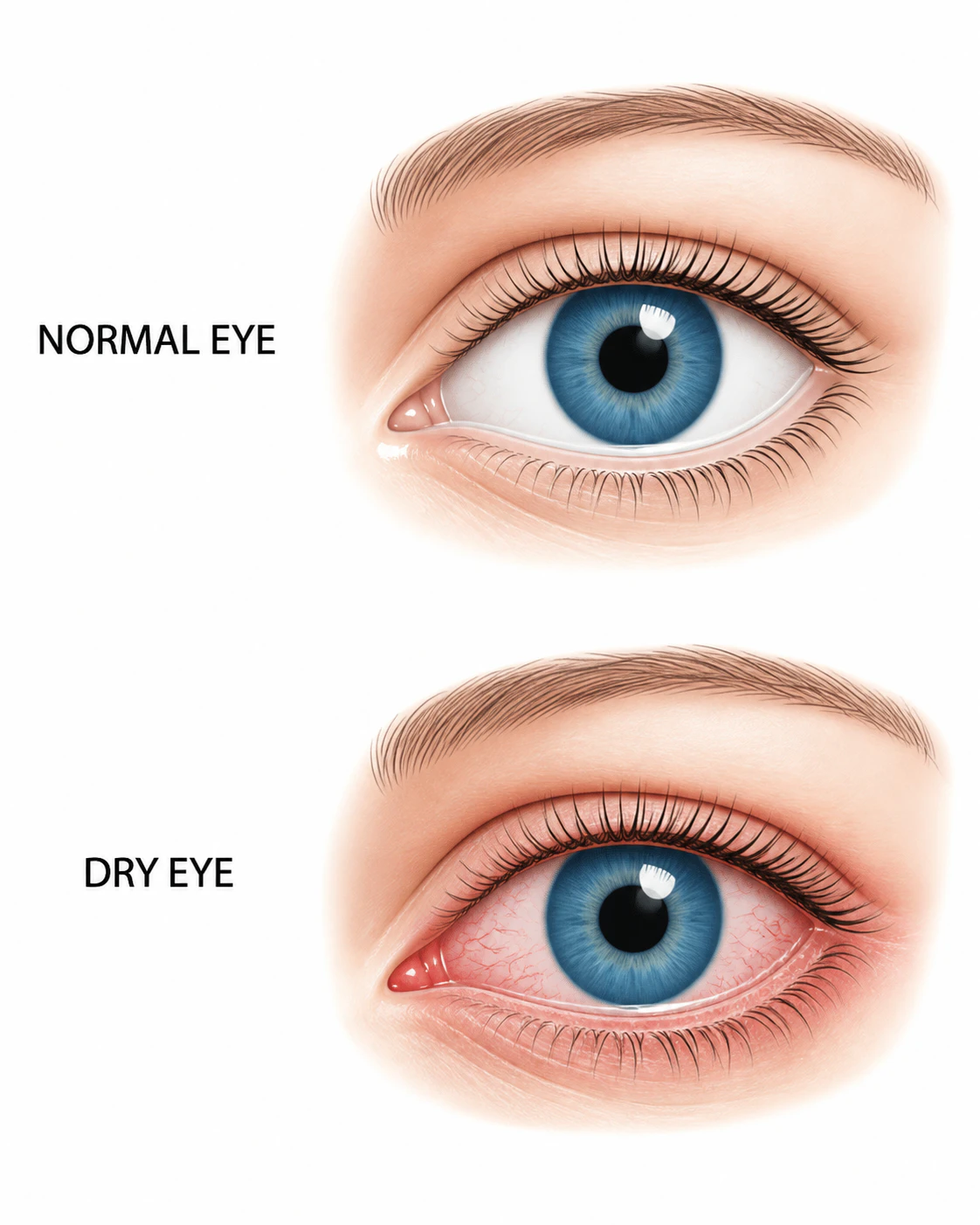 A comparative illustration of a normal eye vs. a dry eye