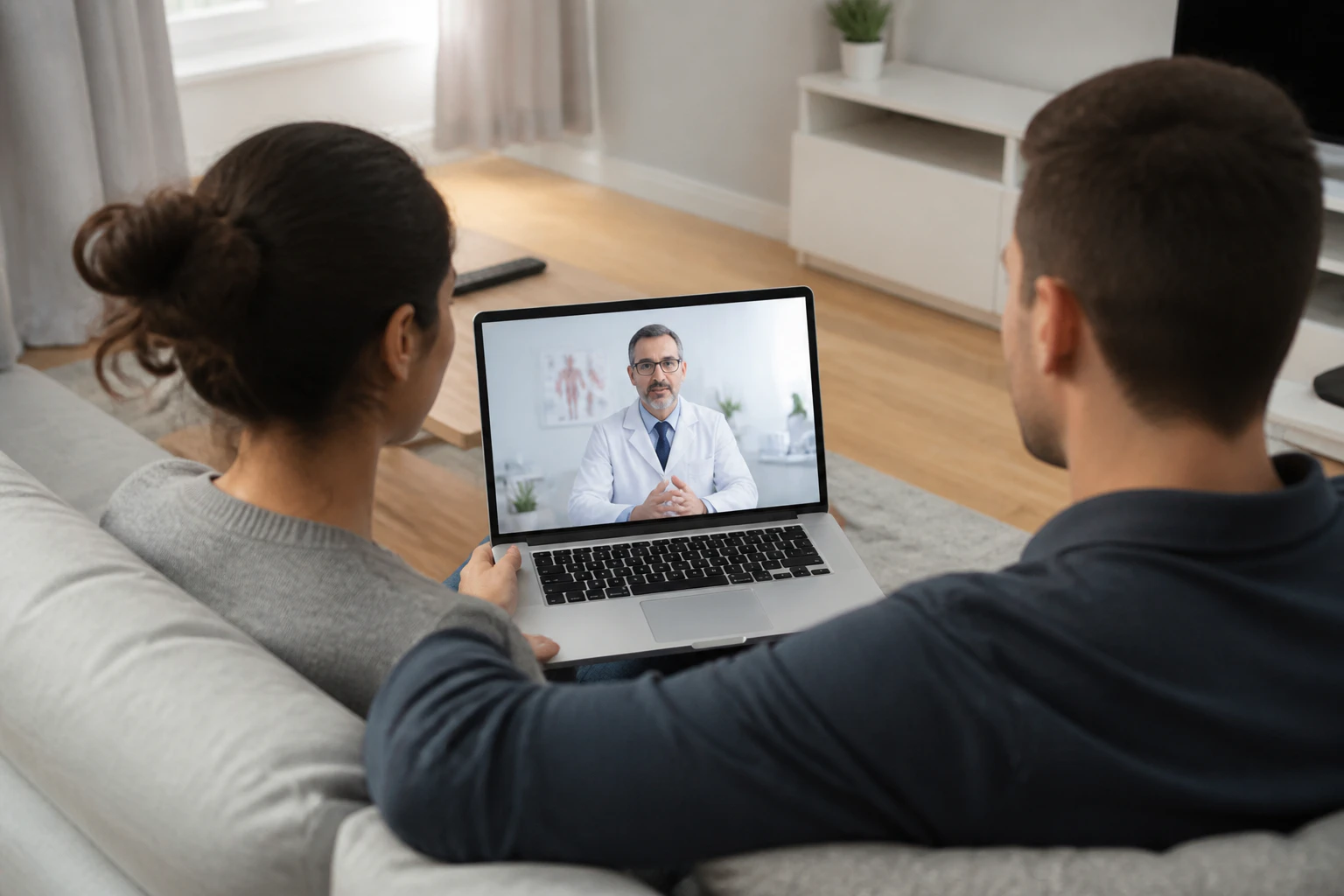Young Couple of a Girl and Man Sitting at Home doing online consultation with a doctor