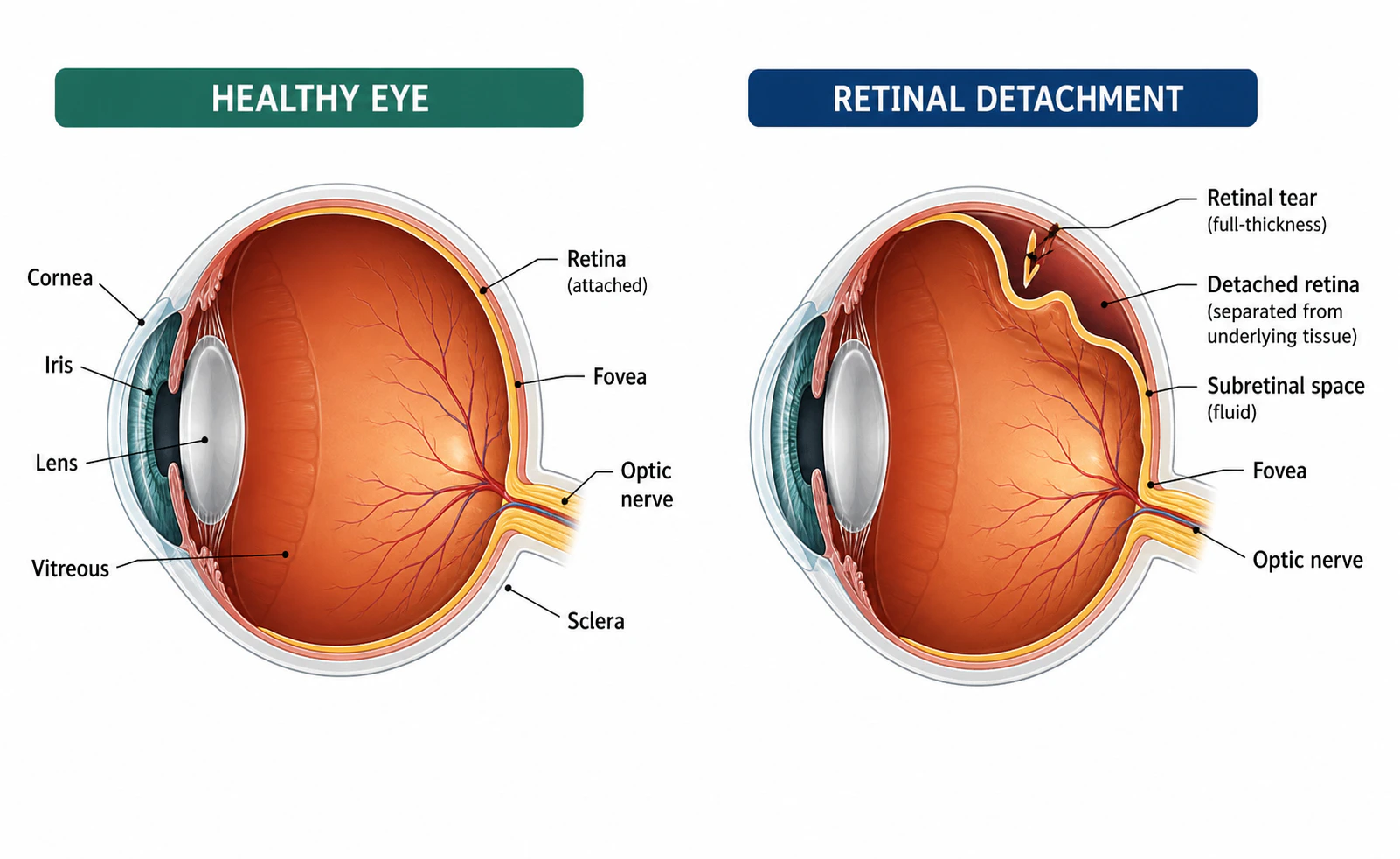 Illustration of a Healthy Eye vs an Eye Suffering Retinoschisis or Retinal Detachment or the Separation of Retina