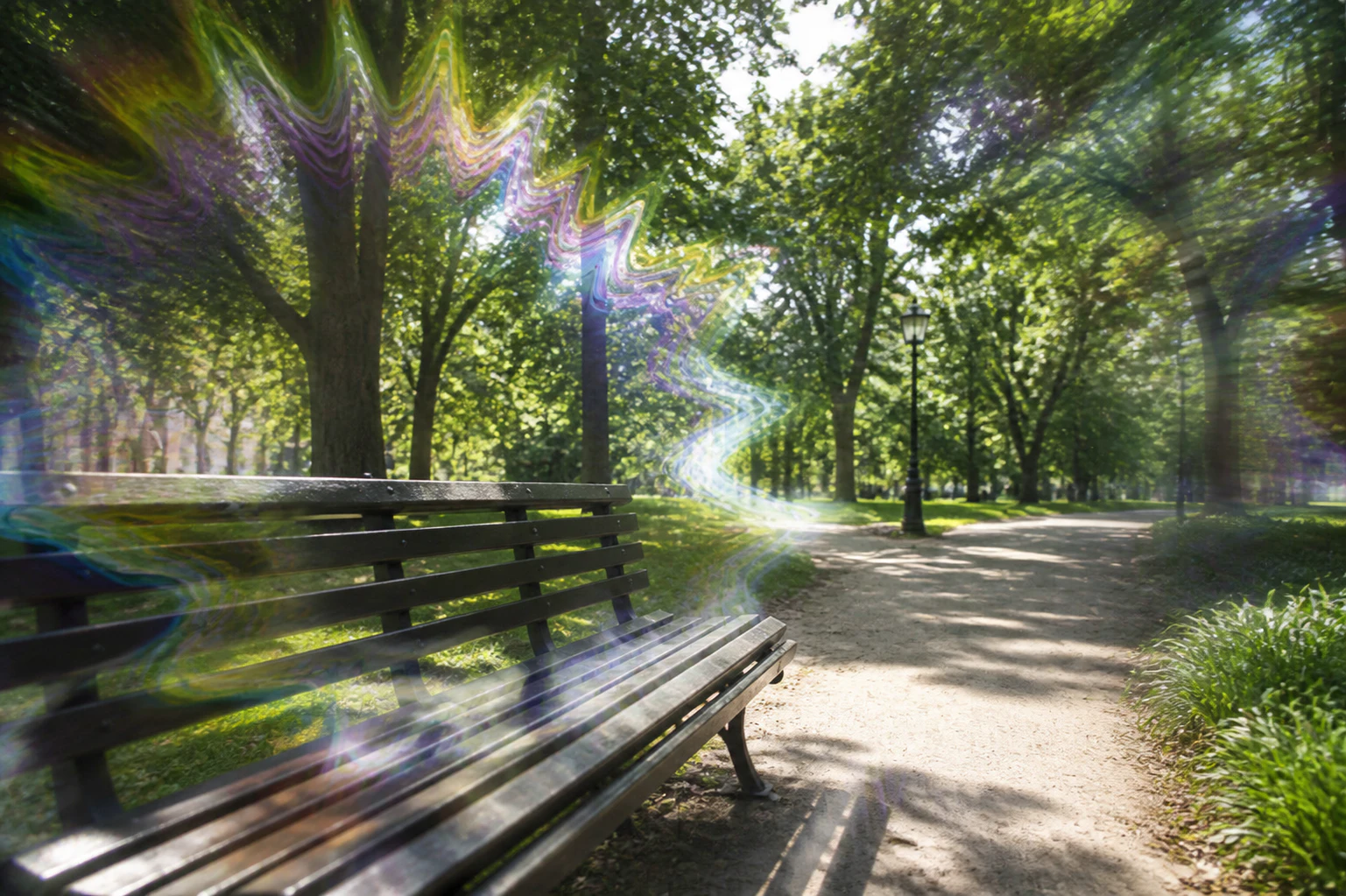 View of bench in park and flashing lights effect. Migraine aura symptom of Photopsia