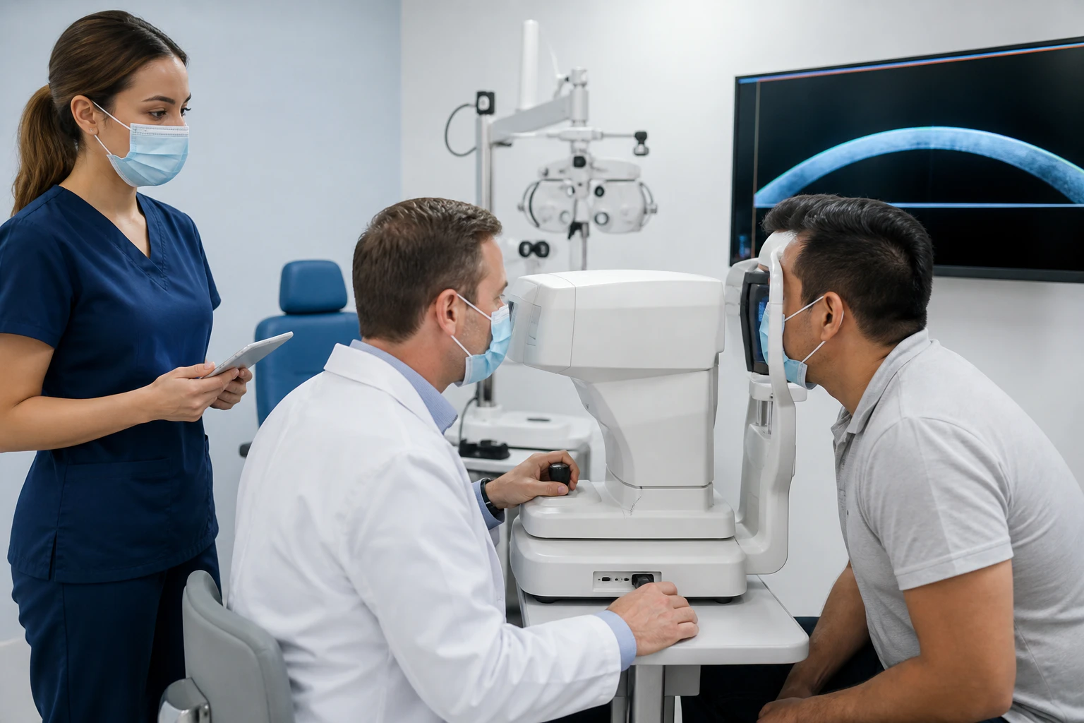 Man with face mask undergoes eye exam to determine if he is a candidate for a LASIK operation