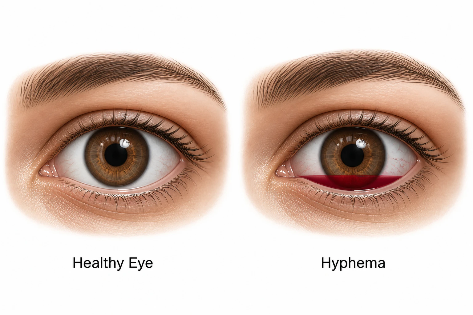 Healthy eye vs. hyphema illustration