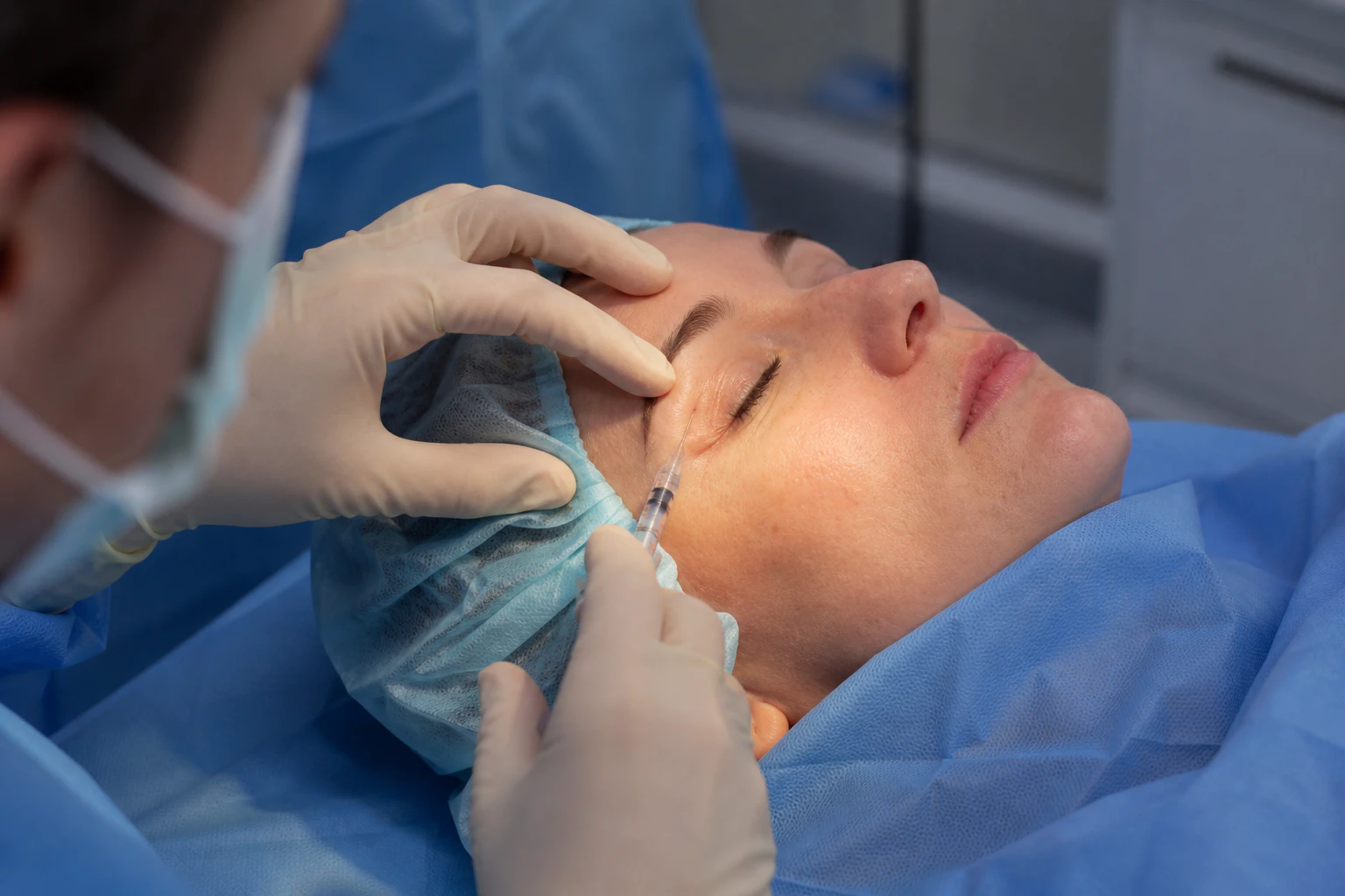 Surgeon Inserts an Injection into the Upper Eyelid of the Patient