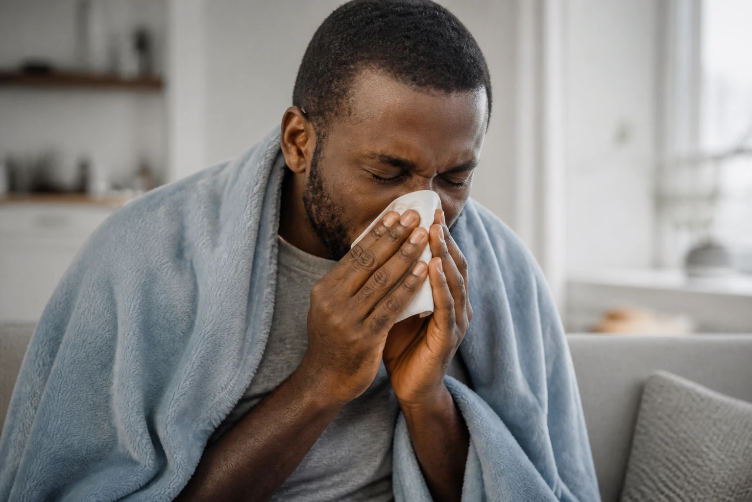 Ill african american man with runny nose holding napkin