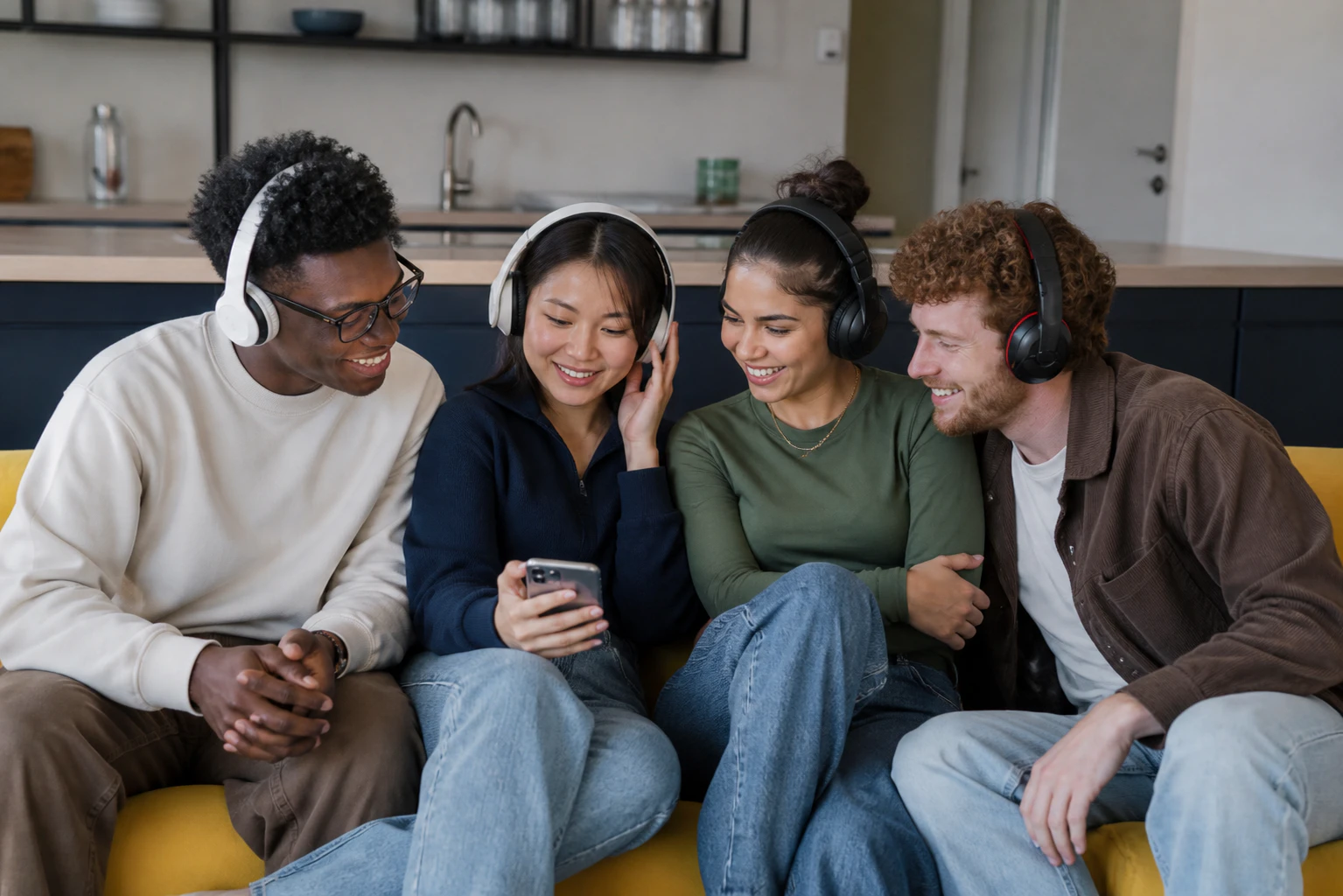 Multiethnic friends listening to music with headphones while sitting together on a yellow couch