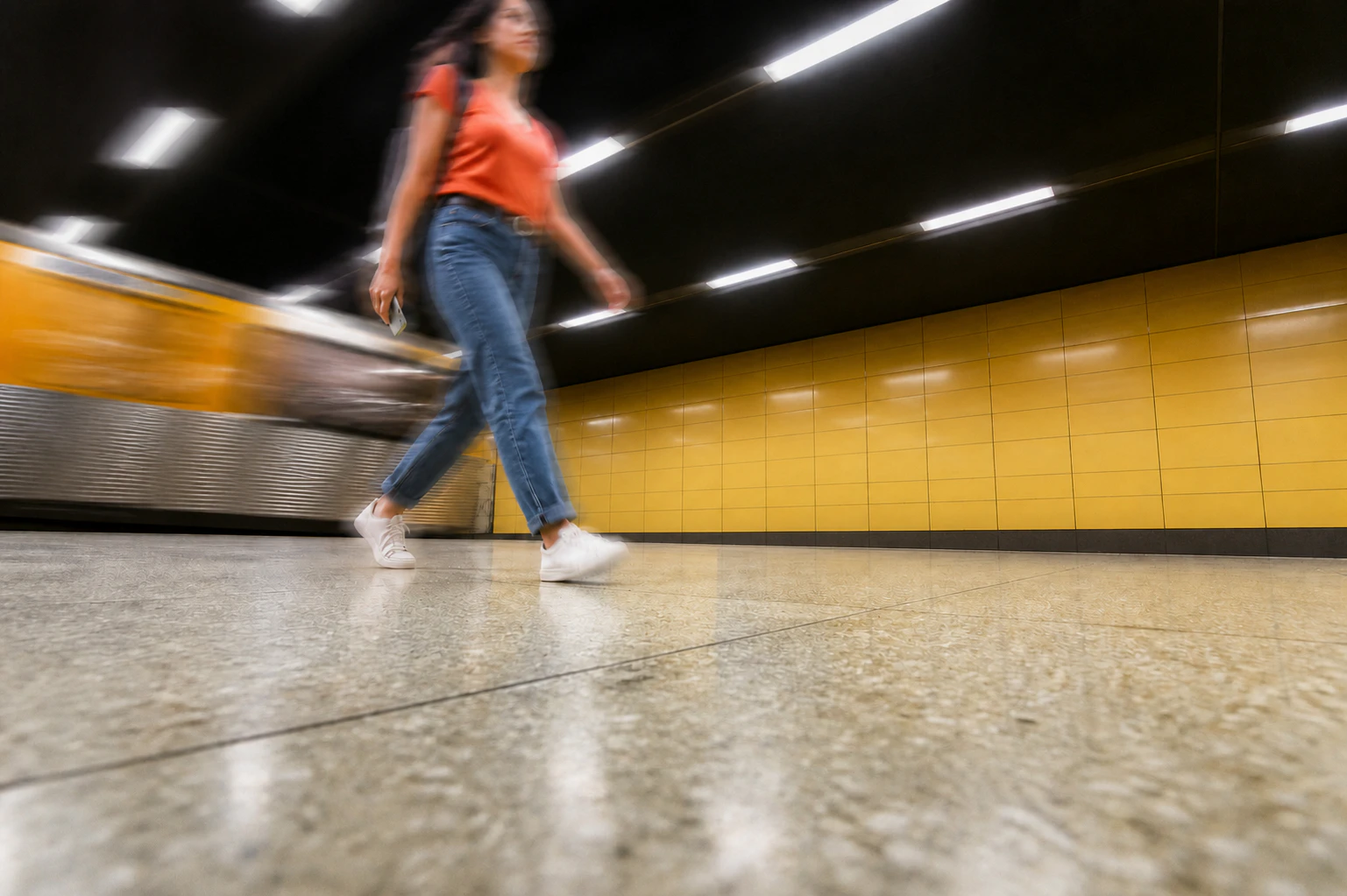 Woman walking fast in the subway blurred depicted s blurred due to motion blindness