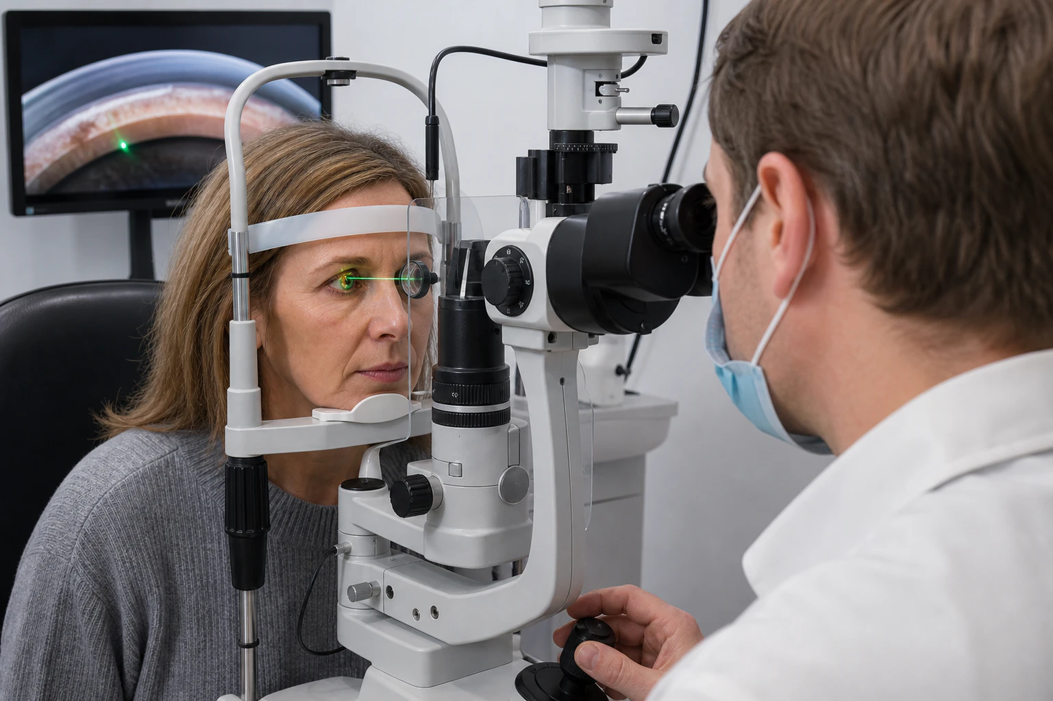 Trabeculoplasty Being Performed by the Eye Doctor to a Female Patient