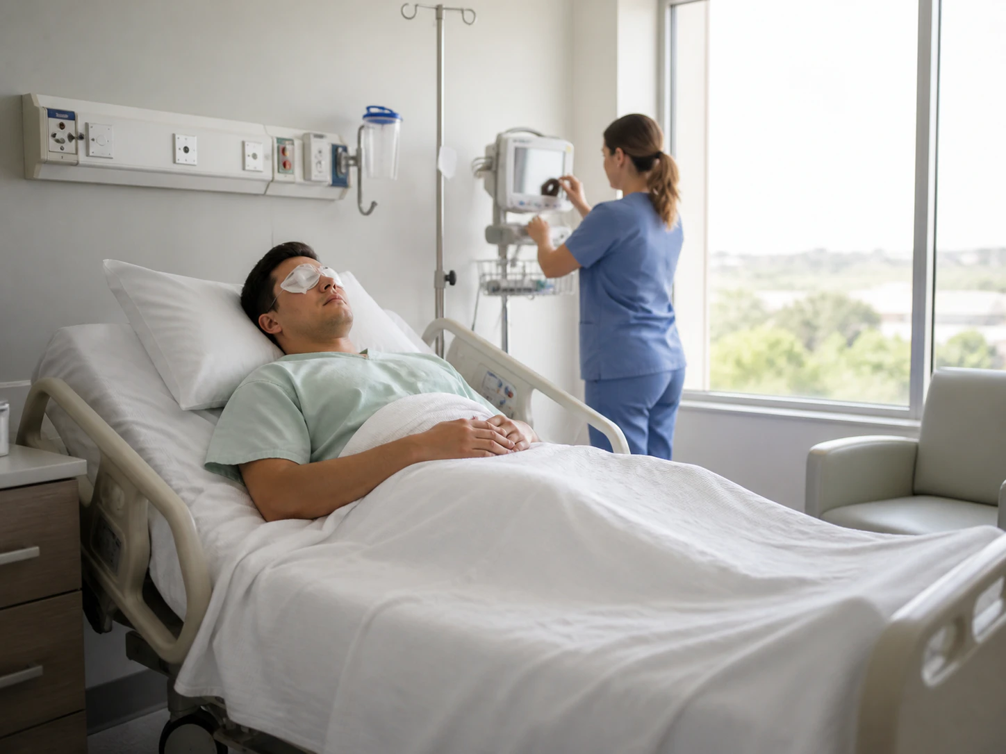Hospital room with patient who is recovering from LASIK eye operation