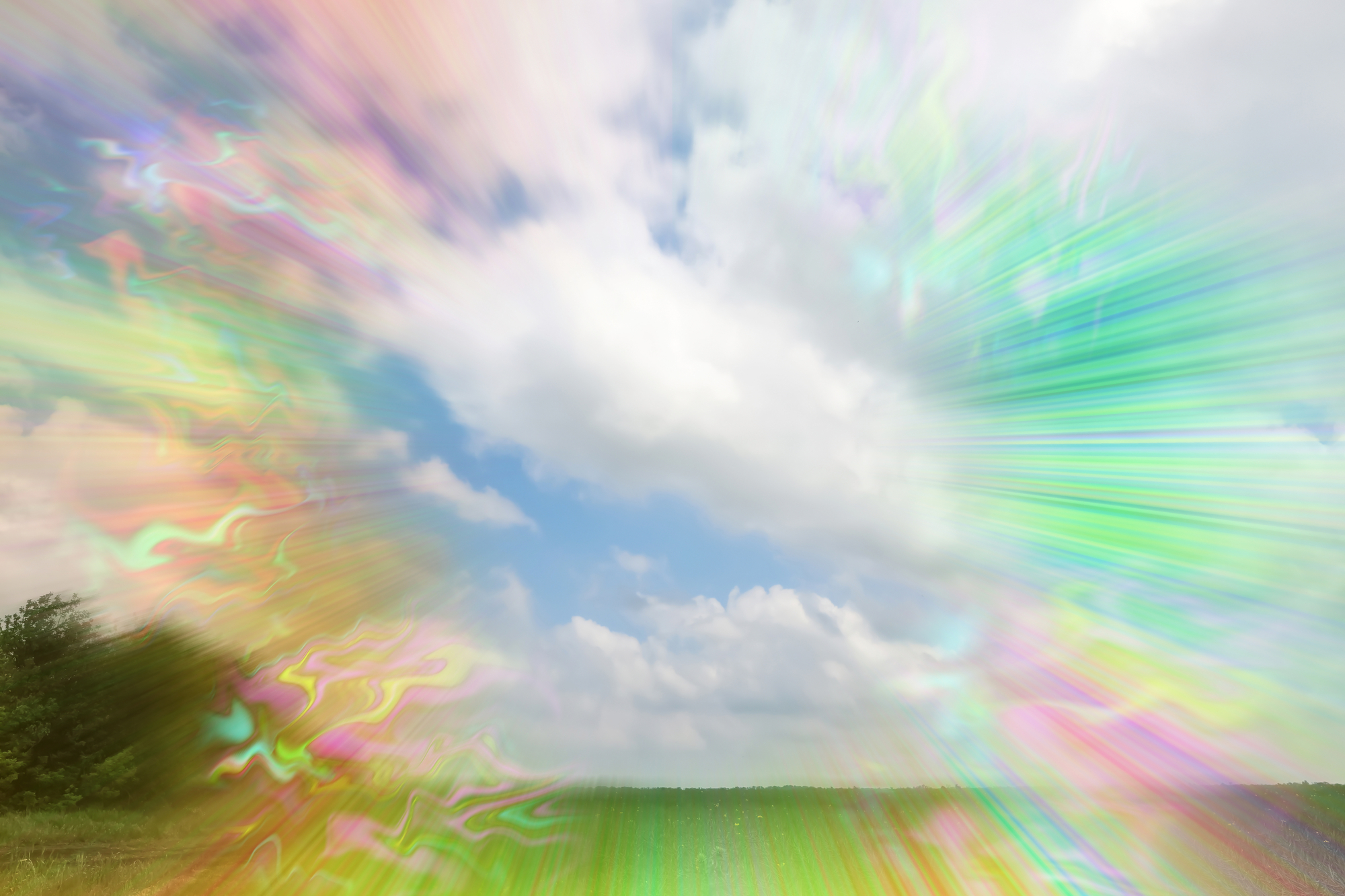 View of green field and flashing lights effect as a migraine aura symptom of photopsia